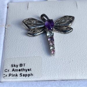 Silver Dragonfly Pendant with Amethyst and Pink Sapphire